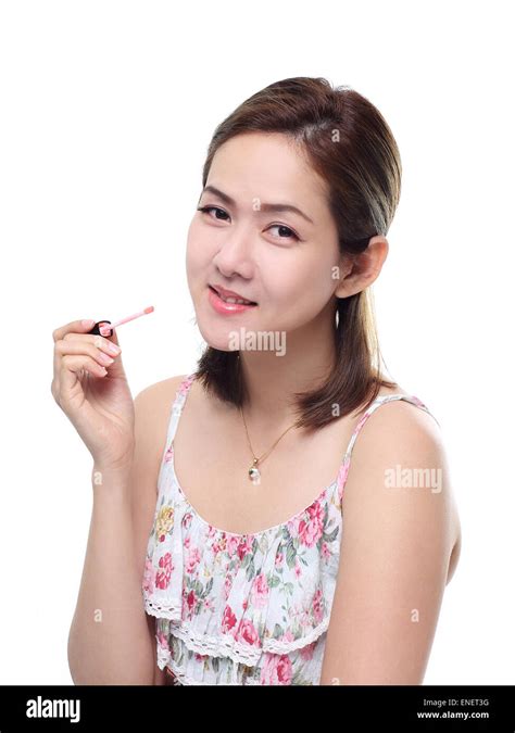 Women Asian Happy Smiling With Lips Gloss Isolated On White Background