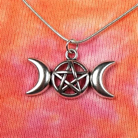 Triple Goddess Pentagram Crescent Moon Necklace Maiden Mother Crone