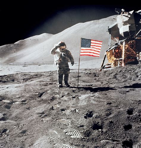 Astronaut David Scott Gives Salute Beside Us Flag During Eva Moon