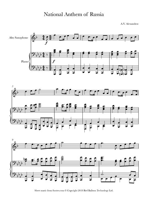 National Anthem Of Russia Alexandrov Sheet Music For Saxophone