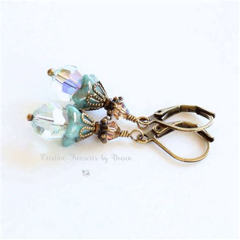 Blue Brass Earrings Turquoise Blue Czech Glass Bell Flowers Etsy