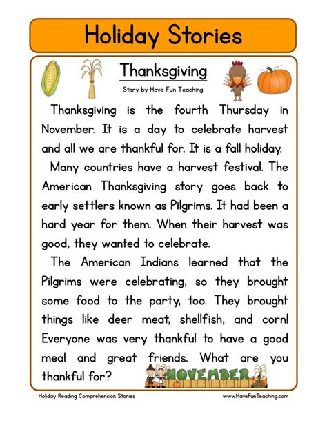 Thanksgiving Reading Comprehension Worksheet Have Fun Teaching