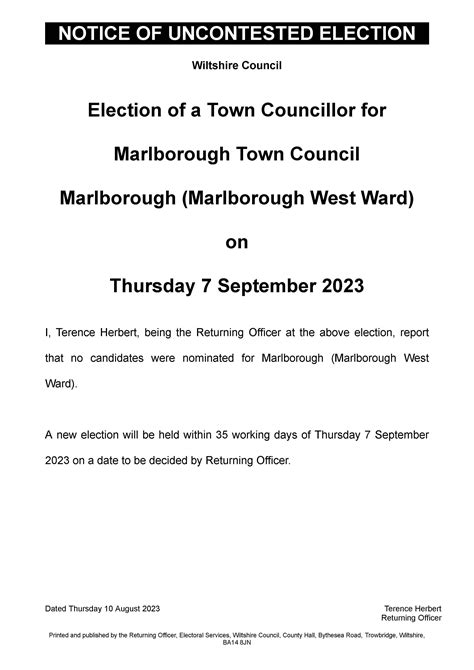 Marlborough Town Council Notice Of Uncontested Election