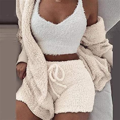 warm fuzzy fleece 3 piece crop top short set the best loungewear for women on amazon