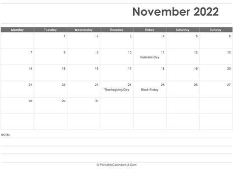 November 2022 Calendar Templates