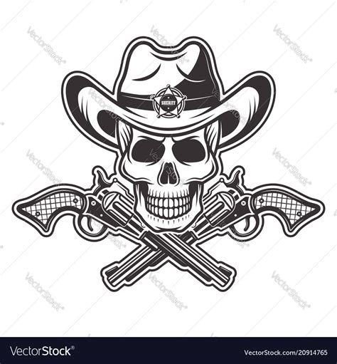 Sheriff Skull In Cowboy Hat With Two Crossed Guns Vector Image