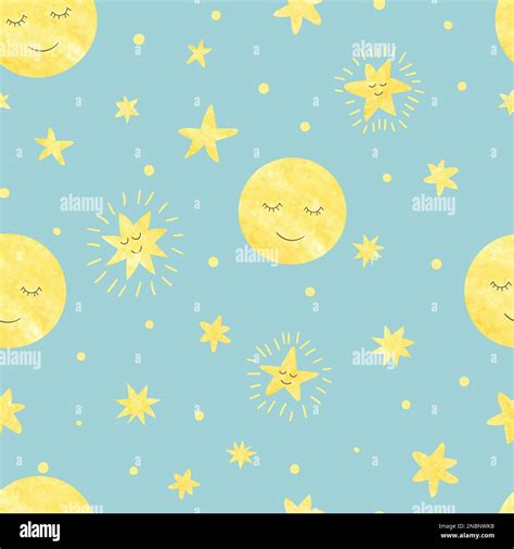 Seamless Sleeping Moon And Stars Pattern Vector Night Illustration For