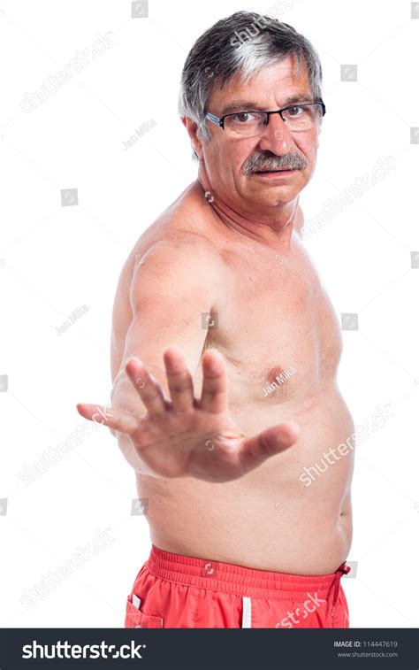 Worried Shirtless Senior Man Gesturing Stop Stock Photo Shutterstock