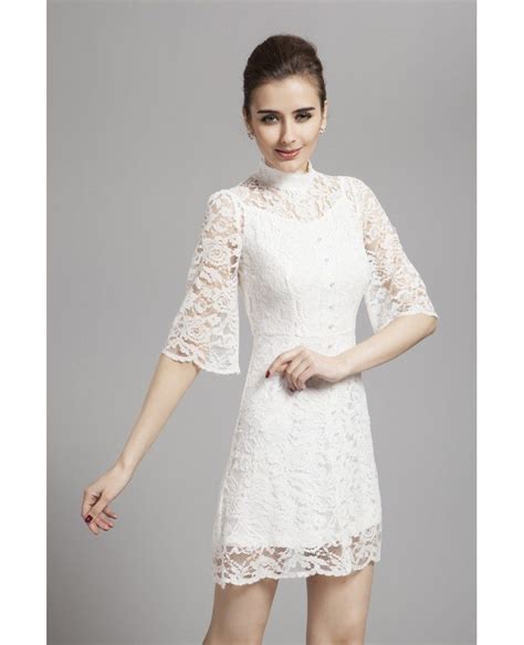 Gorgeous High Neck White Lace Cocktail Dress With Long Sleeves Dk147 782