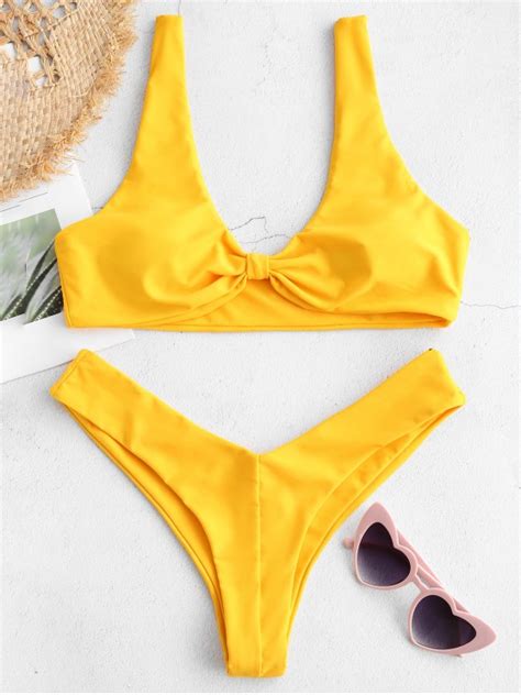 Zaful High Cut Knotted Bikini Set In Bright Yellow Zaful 2023
