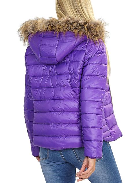 Womens Puffer Jacket Wet Look Faux Fur Coat Size 12 8 10 14 16 Black Purple Ebay