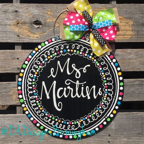 Personalized Teacher Door Hanger Hand Lettered Circle Chalkboard