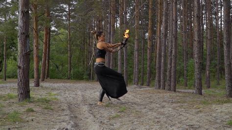 Beautiful Woman Does Fire Show In Forest Stock Footage Sbv Storyblocks