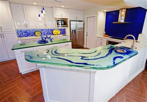 Glass Countertop Island And High Bar With Colored Glass Frit Inside The Glass Permanent