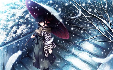 Wallpaper Anime Brunette Snow Winter Umbrella Girl Wing