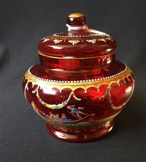 Moser Ruby Glass Covered Jar ‘venetian’ Scenes C 1925 Moorabool Antique Galleries