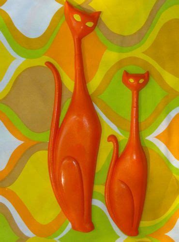 vtg 1960s mid century modern sexton metal long neck wall cats art retro orange cat mid