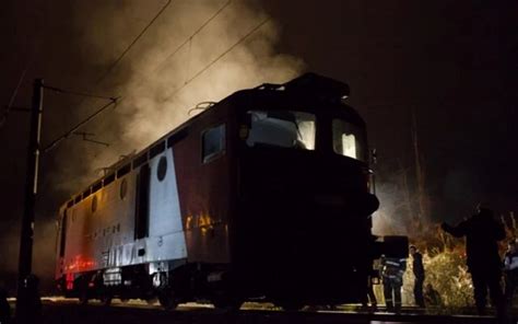 Strong Fire The Locomotive Of A Passenger Train Caught Fire On The