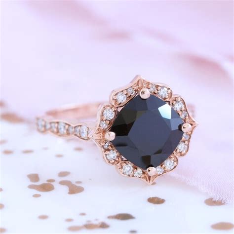 Vintage Floral Black Spinel Diamond Engagement Ring In 14k