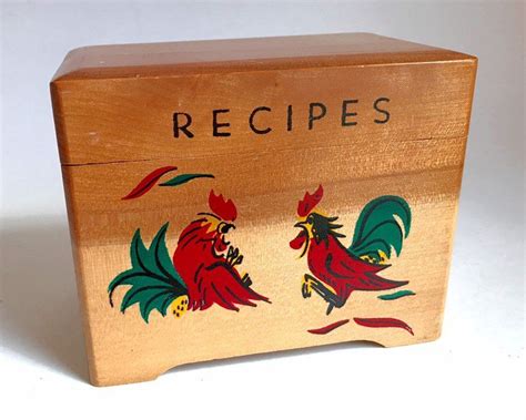 Vintage Recipe Box Rooster Kitchen Decor Wood Card File