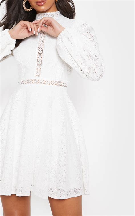 white lace long sleeve skater dress dresses prettylittlething