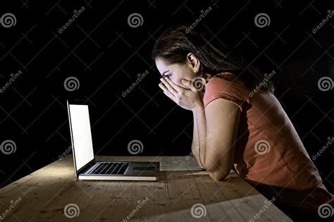 Depressed Worker Or Student Woman Working With Computer Alone Late