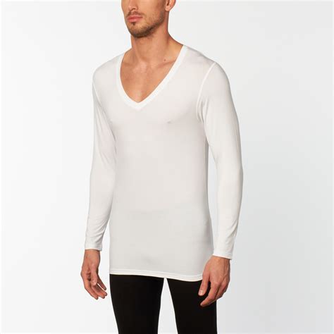 Deep V Neck Long Sleeve Undershirt White Small Obviously