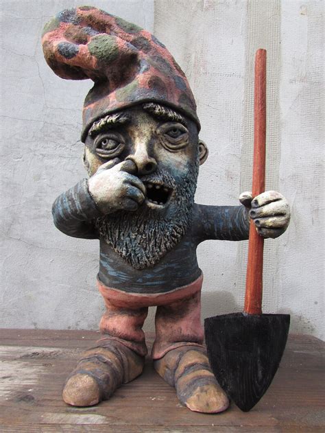 Ceramic Garden Gnome With A Hand Carved Wood Shovel Etsy