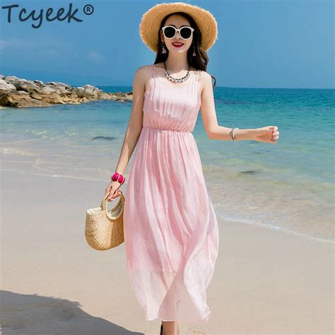 Tcyeek Pink Dress Women Beach Long Summer Dress Boho Party Dresses Real