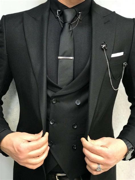 Men Black Piece Slim Fit Suit Peak Lapel Groom Tuxedo Wedding Suit