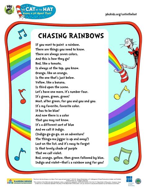 Lyrics To The Cith Chasing Rainbows Song Preschool Songs Preschool