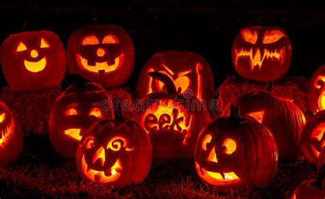 Lighted Halloween Pumpkins With Candles Stock Photo Image Of Autumn