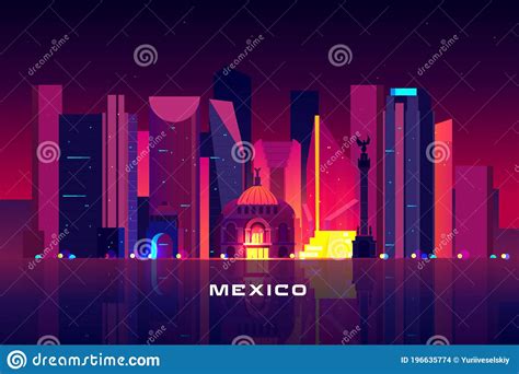 Mexico City Skyline Neon Lighting Night Cityscape Stock Vector
