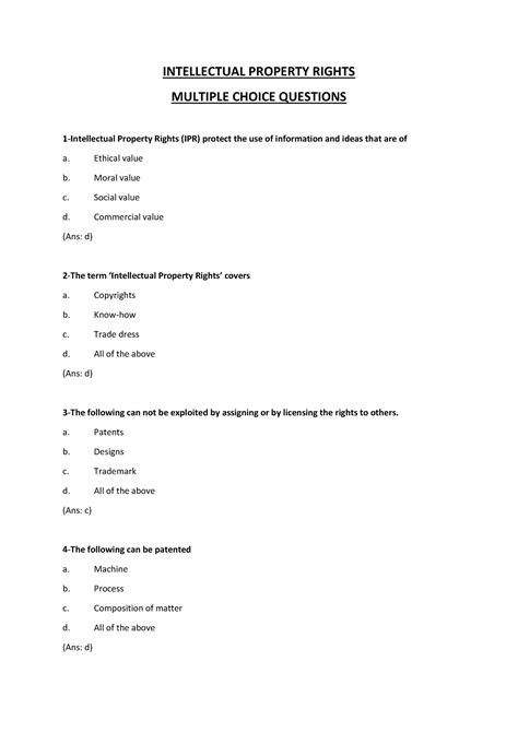 Ipr Mcqs 1 Intellectual Property Rights Multiple Choice Questions 1