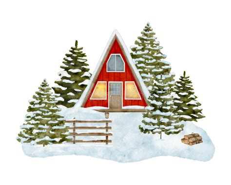 Watercolor Red Wood Cabin In Winter Forest Illustration Hand Drawn