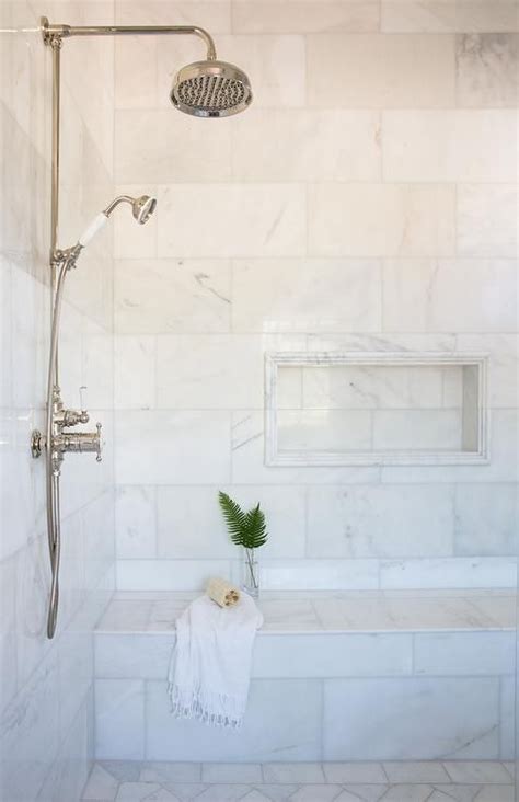 Marble Pencil Tiles Framing Marble Shower Niche Transitional