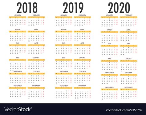 Calendar For 2018 2019 2020 Simple Template Vector Image