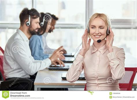 Call Center Service Operator Listening To Headset Stock Photo Image