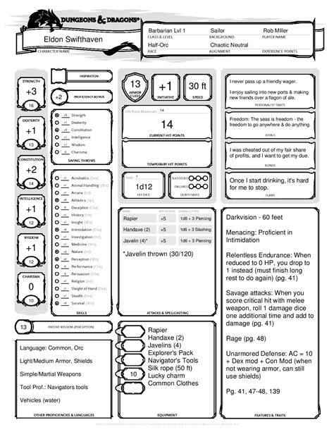 Half Orc Barbarian 12 Dandd5e Completed Character Sheet Created By