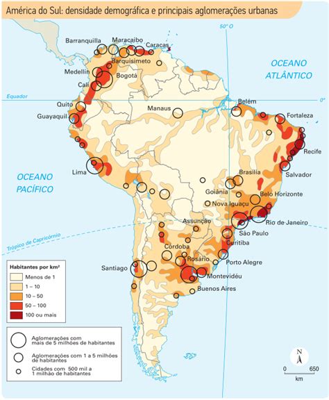 Densidade demográfica da América do Sul Mapa Projeto Geografando