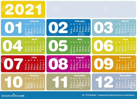 Colorful Calendar For Year 2021 Stock Vector Illustration Of Year