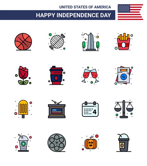 Big Pack Of 16 Usa Happy Independence Day Usa Vector Flat Filled Lines