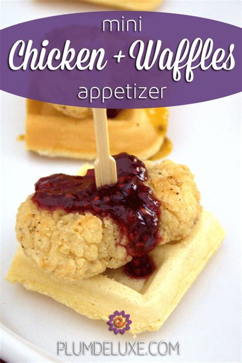 Mini Chicken And Waffles Appetizer On A White Plate With Text Overlay
