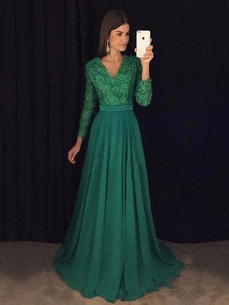 A Line V Neck Emerald Green Long Sleeves Prom Dress Green Formal Dres