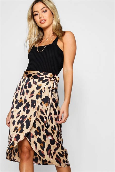 Petite Leopard Print Satin Wrap Midi Skirt Boohoo Satin Midi Skirt