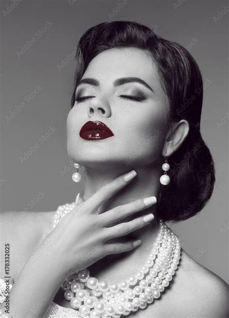 Sensual Red Lips Elegant Passion Retro Woman Portrait With Fashion Jewelry Set Black And White