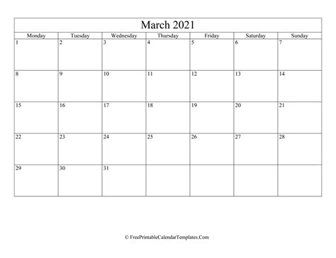 Blank Editable March Calendar 2021 Landscape