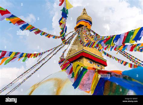 Boudhanath Stupa And Prayer Flags In Kathmandu Nepal Buddhist Stupa