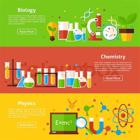 Biology Chemistry Physics Science Flat Horizontal Banners Stock