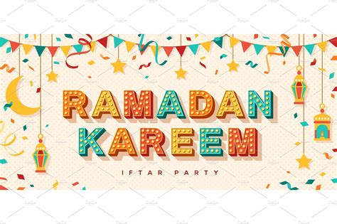 Ramadan Kareem Banner With Lanterns Decorative Illustrations